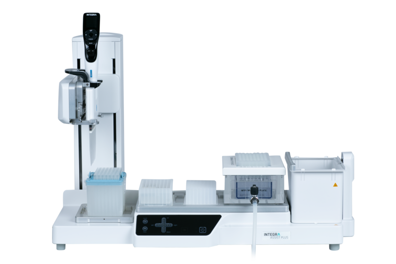 ASSIST PLUS pipetting robot with an 8 row reagent reservoir, a culture plate and MACHEREY-NAGEL's NucleoVac 96 Vacuum Manifold.