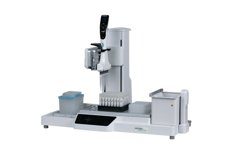ASSIST PLUS pipetting robot with three deck positions with a 96 deep well plate, INTEGRA rack for swab tubes, GripTips and the VOYAGER adjustable tip-spacing pipette