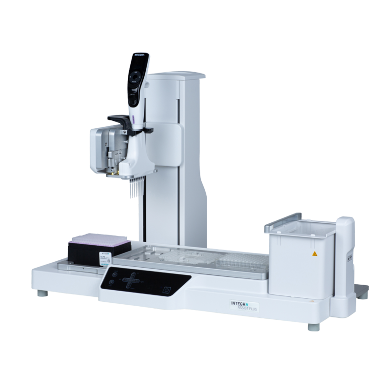 ASSIST PLUS pipetting robot with three deck positions, with the Fluidigm 192.24 Dynamic Array IFC, a 96 well plate, GripTips and the VOYAGER adjustable tip spacing pipette.
