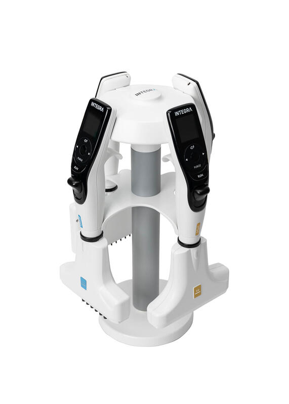INTEGRA electronic pipettes on a charging stand