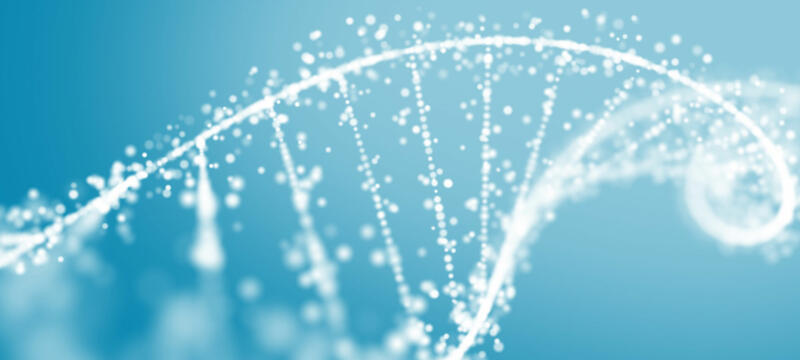 White DNA double helix on blue background