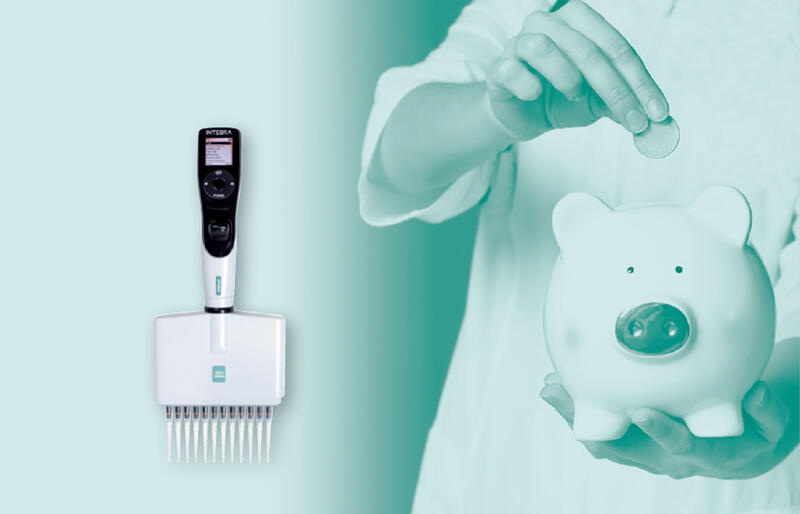 VIAFLO pipette in front of a piggy bank for the end of year promo