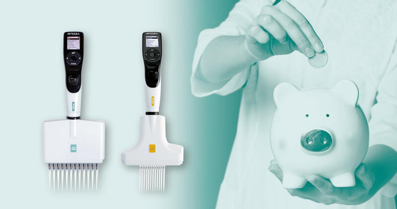 VIAFLO and VOYAGER pipette in front of a piggy bank for the end of year promo