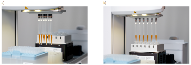 The ASSIST PLUS and VOYAGER transfer Blood DNA Particle Solution containing magnetic beads from the INTEGRA DWP into tubes containing lysed whole blood on the HEATMAG module.