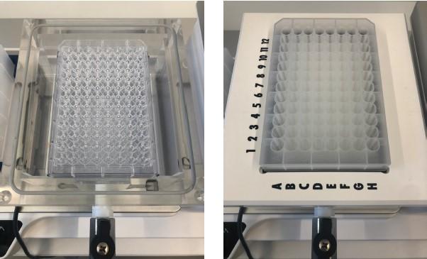 Figure 4: Vacuum manifold set-up for steps 5 and 6. The MN Wash Plate is inserted on the spacers inside the manifold base (left). The NucleoSpin Plasmid Binding Plate (white rings) with the cleared lysates is placed on top of the manifold (right).