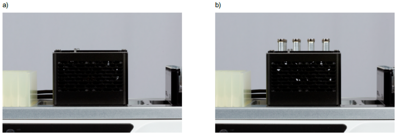 The HEATMAG module on the ASSIST PLUS without a tube adapter, showing both the disengaged magnet array in the home position, and the engaged magnet array in the high position.