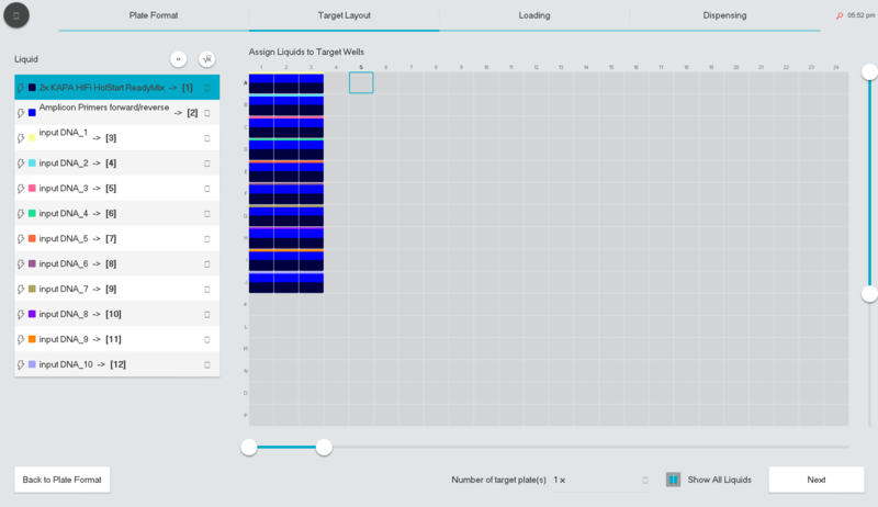 Screenshot of the I.DOT LT software for amplicon PCR set-up showing the 384 well plate dispensing pattern.