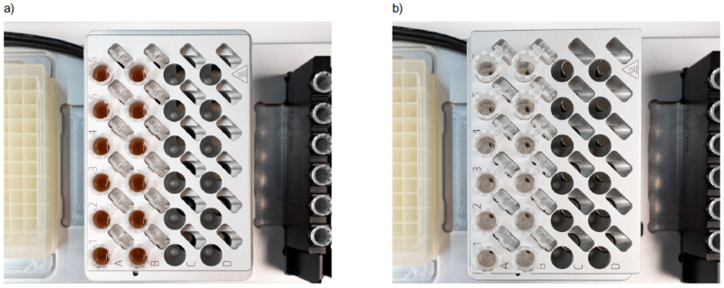 The HEATMAG module on the ASSIST PLUS with a tube adapter and 1.5 ml microcentrifuge tubes showing both uncaptured and captured magnetic beads.