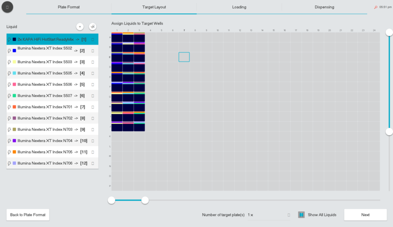 Screenshot of the I.DOT LT software for indexing PCR set-up showing the 384 well plate dispensing pattern.