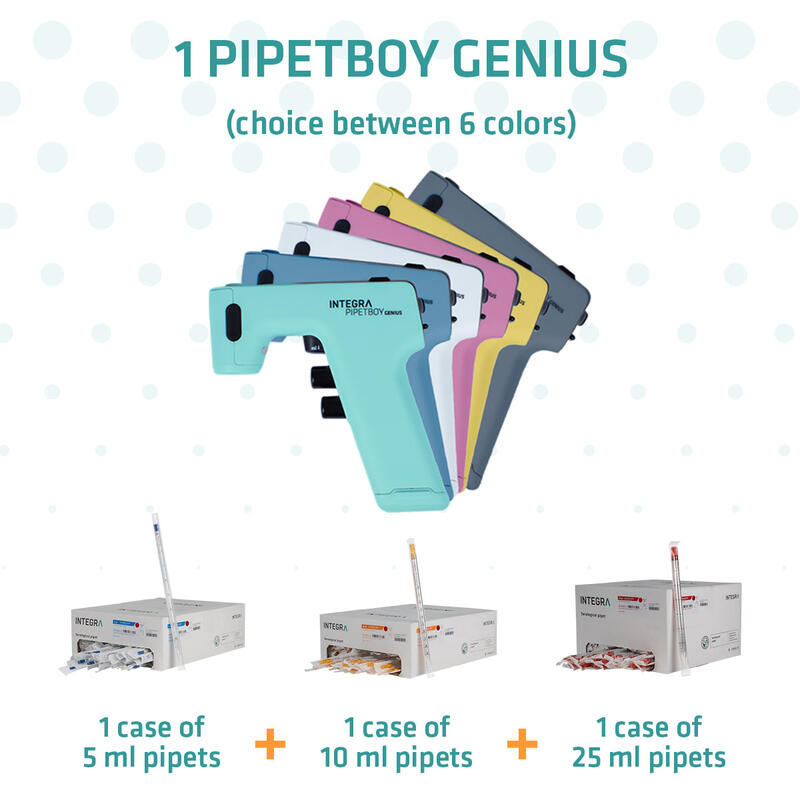 Content of the PIPETBOY GENIUS starter pack containing one PIPETBOY GENIUS and a pack of 5ml, 10ml and 25ml serological pipettes