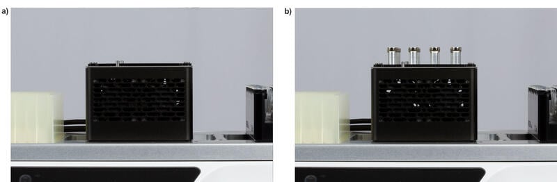 The HEATMAG module on the ASSIST PLUS without a tube adapter, showing both the disengaged magnet array in the home position, and the engaged magnet array in the high position.