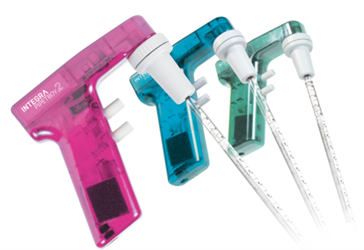 PIPETBOY acu 2 pipet controllers fitted with serological pipets. 