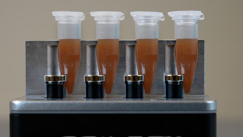 Tubes on the HEATMAG module during magnetic bead-based DNA purification with the Clean Blood & Tissue DNA Kit.