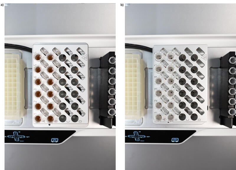 The HEATMAG module on the ASSIST PLUS with a tube adapter and 1.5 ml microcentrifuge tubes showing both uncaptured and captured magnetic beads.
