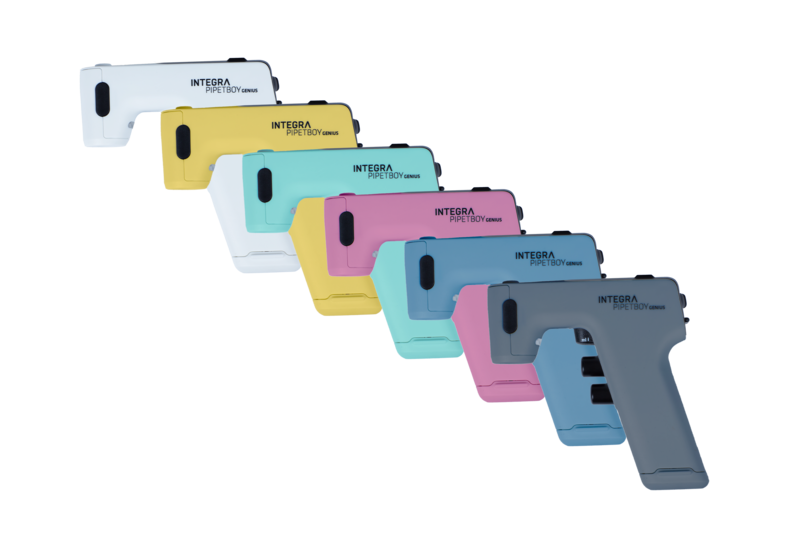 picture of PIPETBOY GENIUS units in a line to display all 6 colors