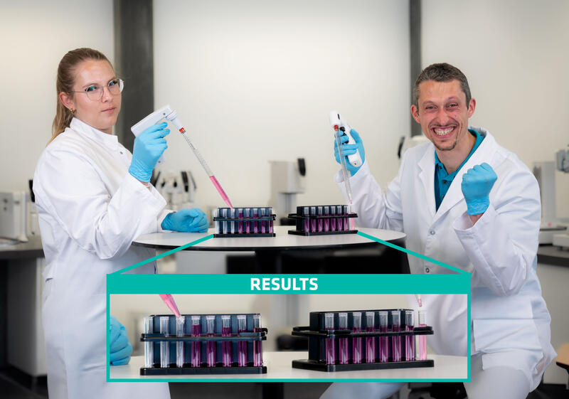 Two INTEGRA employees aliquoted with a PIPETBOY GENIUS and a generic pipet controller, showing faster and more accurate results with the PIPETBOY GENIUS