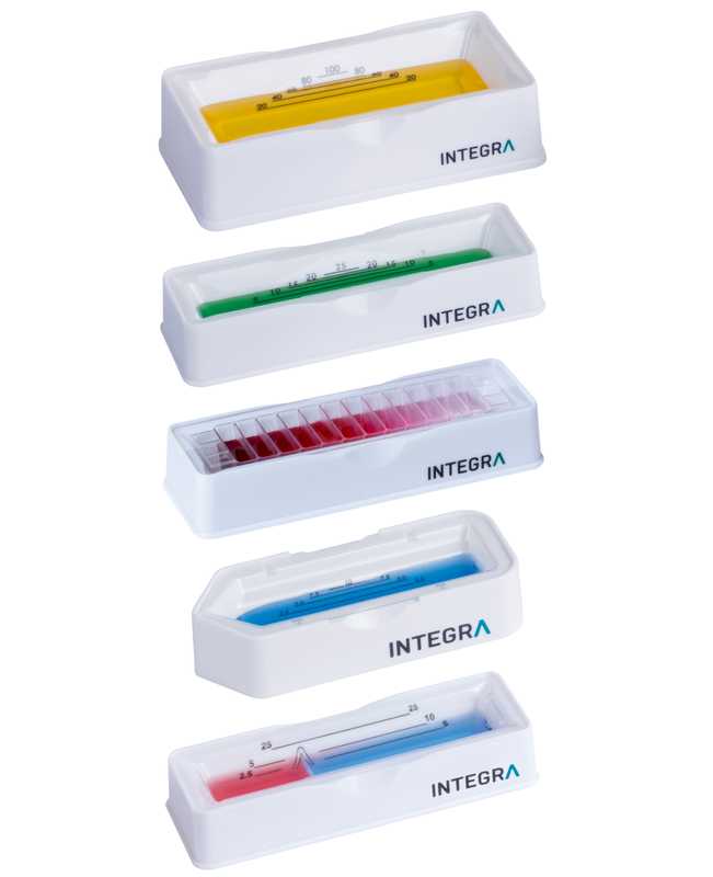 Photo of 100 ml, 25 ml, 12 well, 10 ml, and 25 ml divided reservoirs