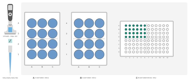 Graphical representation of the ASSIST PLUS pipetting robot deck set-up for sample transfer from two 12 well plates to a 96 well plate.