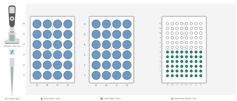 Graphical representation of the ASSIST PLUS pipetting robot deck set-up with a VOYAGER 4 channel electronic pipette.