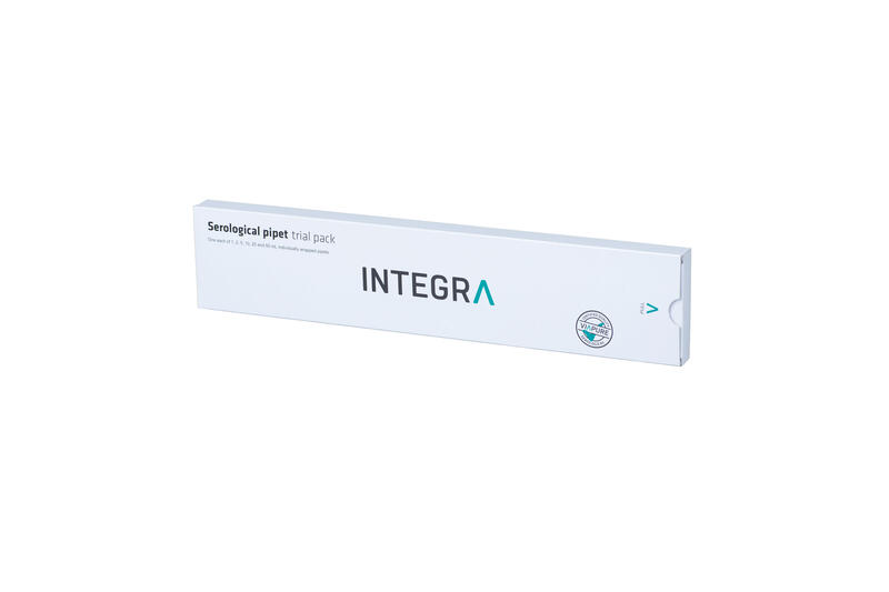Packaging of the trial pack of INTEGRA serological pipets containing one of each individually wrapped pipet, 1, 2, 5, 10, 25 and 50 ml