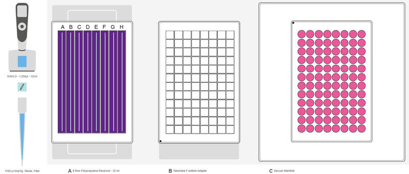 Figure 5: Set-up for the second and third wash steps. The 8 row reagent reservoir in Position A is filled with Wash Buffer A4 in rows A to H (purple, 23 ml). In Position C, the wells in pink indicate the presence of bacterial DNA bound onto the silica membrane of the NucleoSpin Binding Plate.