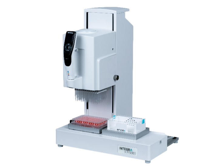 VIAFLO 96 handheld electronic pipette with the Akura 96 Spheroid Microplates and an automation friendly reservoir.