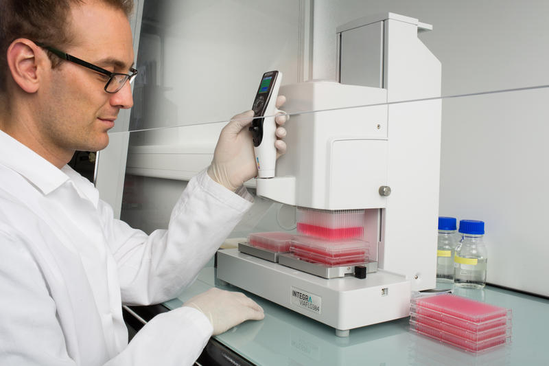 Scientist filling a plate with a VIAFLO 96/384 multichannel pipette