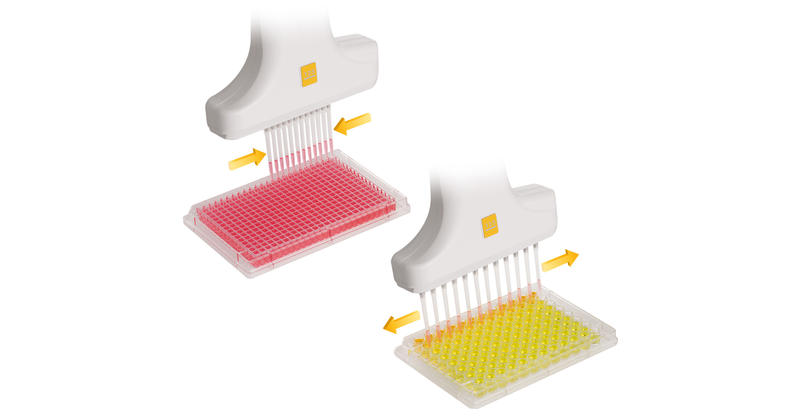 VOYAGER pipette with adjustable tip spacing transferring samples from a 384 to a 96 well plate