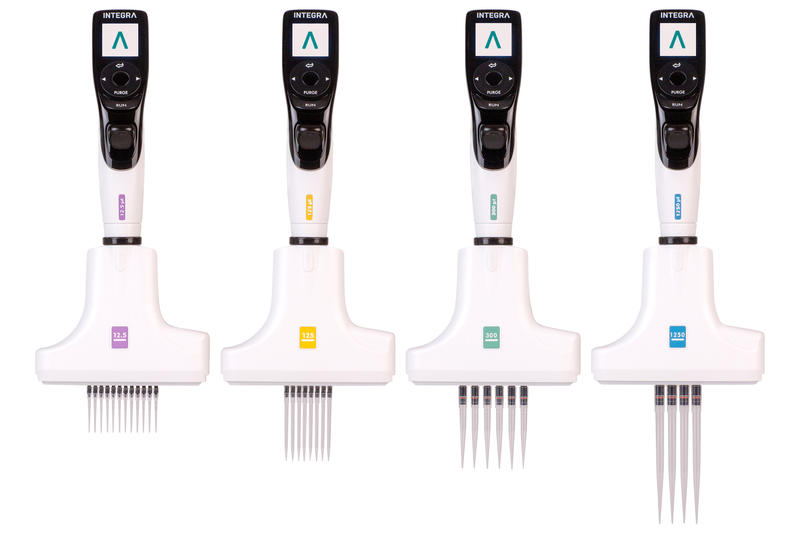 INTEGRA’s range of VOYAGER adjustable tip spacing electronic pipettes.