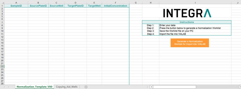 A worklist template with all the necessary parameters for sample normalization, such as sample ID, source plate ID, source well, target plate ID, target well and initial concentration. Also includes instructions for how the worklist template should be generated for VIALAB.