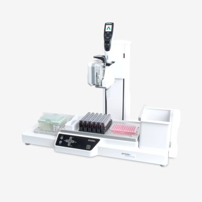 ASSIST PLUS pipetting robot with multichannel pipette and labwares loaded.