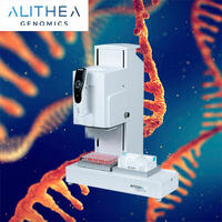 RNA molecule in the background, VIAFLO 96 in front with the logo of Alithea Genomics