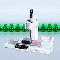 Graphical illustration of the ASSIST PLUS pipetting robot with three deck positions and the SureFlo anti-sealing array in the background.